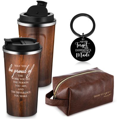 Roshtia Thank You Gift for Men 17 oz Stainless Steel Tumbler with Lid Leather Toiletry Bag Inspirational Keychain Team Gift for Male Employee Teacher Birthday(Wood Grain)