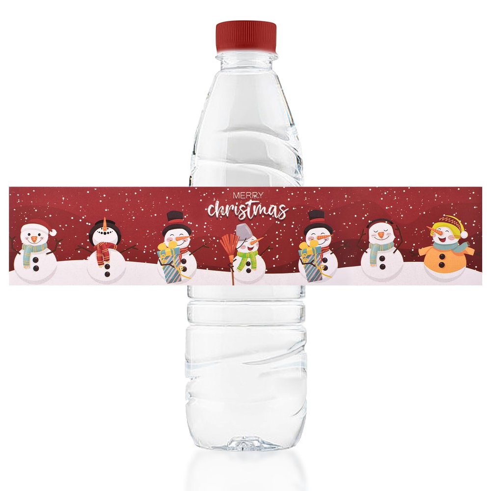 URROMA Christmas Water Bottle Labels, 48pcs Snowman Stickers, Red Adhesive Wine Bottle Covers for Party Supplies