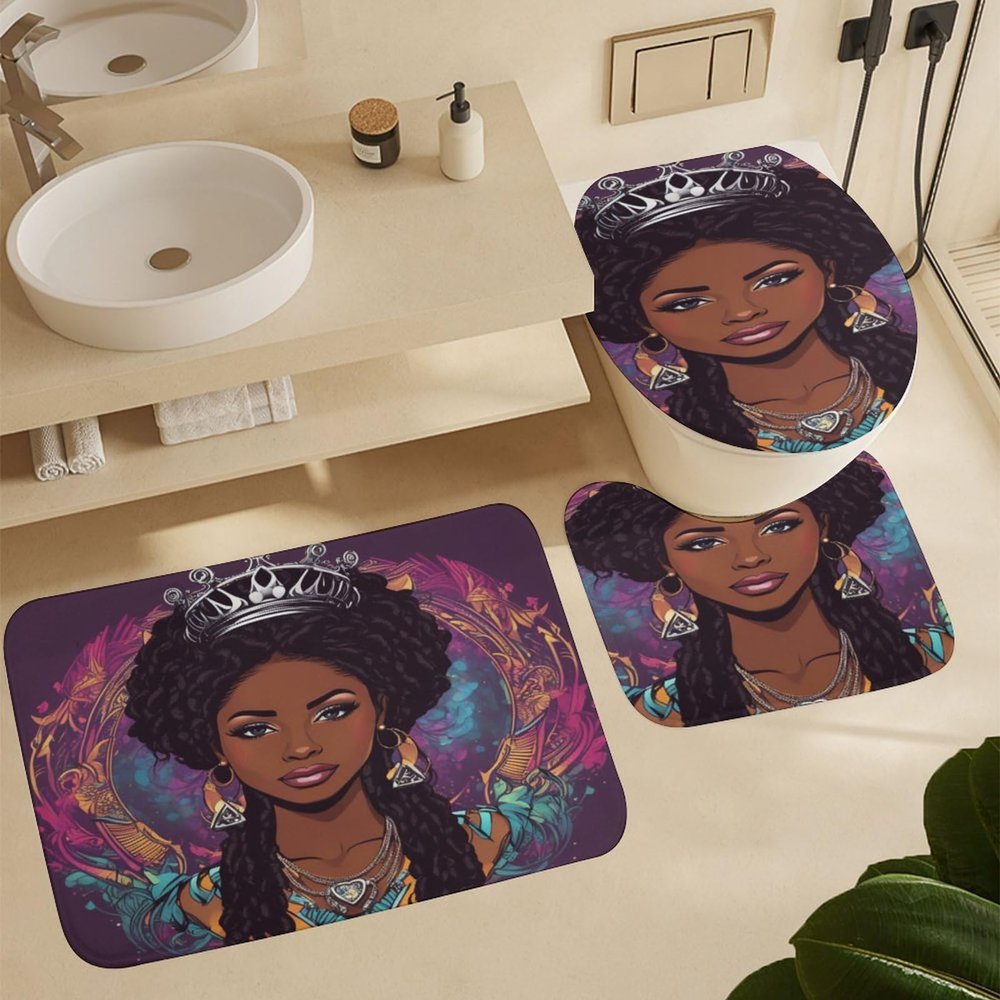 ZGDPBYF Black Girl Afro Lady Crown 3 Piece Bath Mats Black Woman Waterproof Non Slip Bath Mat Set, Washable Rug for Bathroom,-3-Piece Set