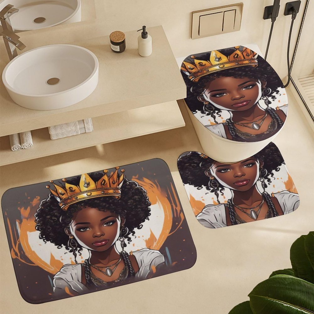 ZGDPBYF Bathroom Rugs Sets 3 Piece, Elegant Black Girl with Crown in A Beautiful, Non Slip Bath Mats for Bathroom Floor, Black Girl Bathroom Mats Carpet, Bathroom Runner Shower Mat with U Shaped