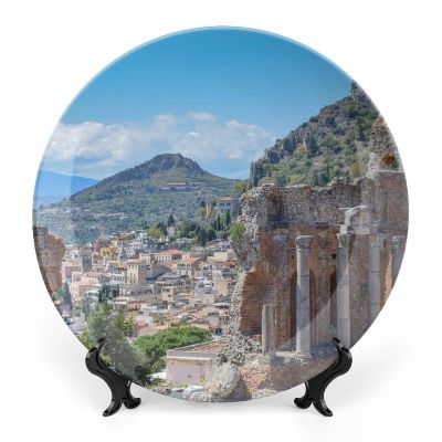 10" Decorative Plate Monument Amphitheatre Ruins Round Ceramic Plate with Display Stand Modern Porcelain Table Plate Wall Hanging Decoration for Home Office Collectible Art Souvenir
