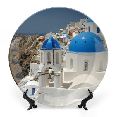 6" Decorative Plate Santorin Greece Architecture Round Ceramic Plate with Display Stand Modern Porcelain Table Plate Wall Hanging Decoration for Home Office Collectible Art Souvenir