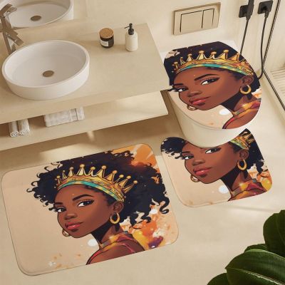 ZGDPBYF Bathroom Rugs Set Ultra Soft 3 Pieces Bath Rugs Non Slip, African American Woman Bathroom Mat, Bathroom Set with Toilet Rugs, Crown in A Beautiful, Perfect Plush Bathroom Mats
