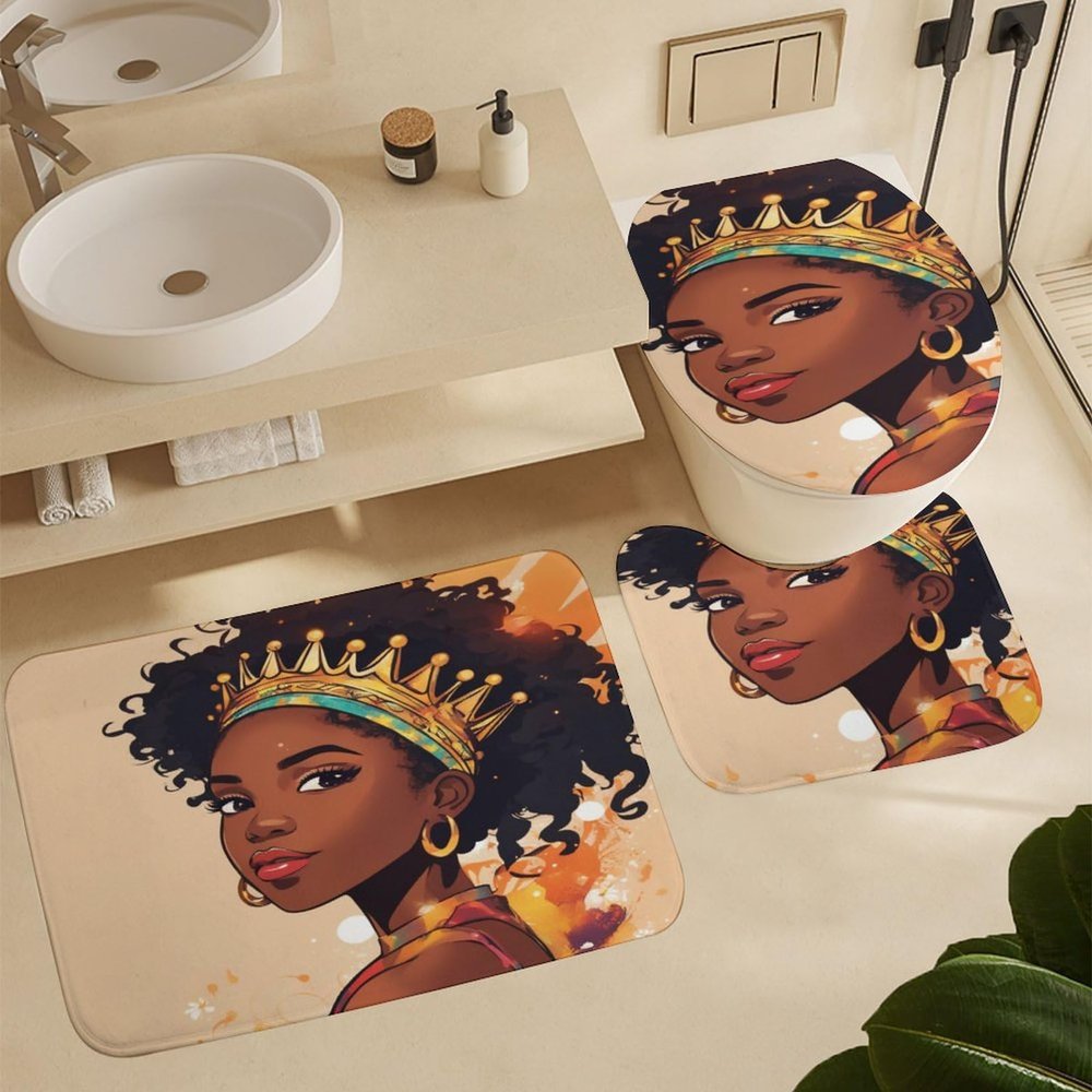 ZGDPBYF Bathroom Rugs Set Ultra Soft 3 Pieces Bath Rugs Non Slip, African American Woman Bathroom Mat, Bathroom Set with Toilet Rugs, Crown in A Beautiful, Perfect Plush Bathroom Mats