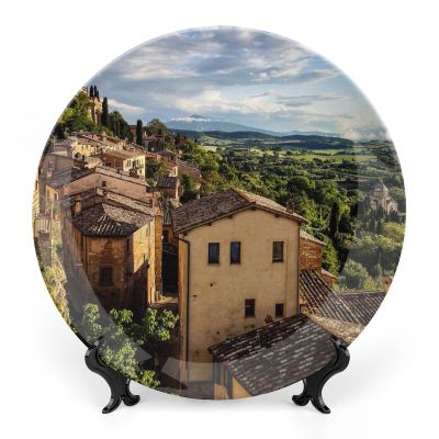 10" Decorative Plate Montepulciano Toscana Italy City Round Ceramic Plate with Display Stand Modern Porcelain Table Plate Wall Hanging Decoration for Home Office Collectible Art Souvenir