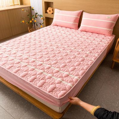 FCLDESHOP Bottom Fitted Sheet,Cotton Quilted Solid Color Fitted Sheets, Bedroom Holiday Home Skin-Friendly Anti-Slip Checkered Bed Cover,Light Pink,180 * 220cm+26cm