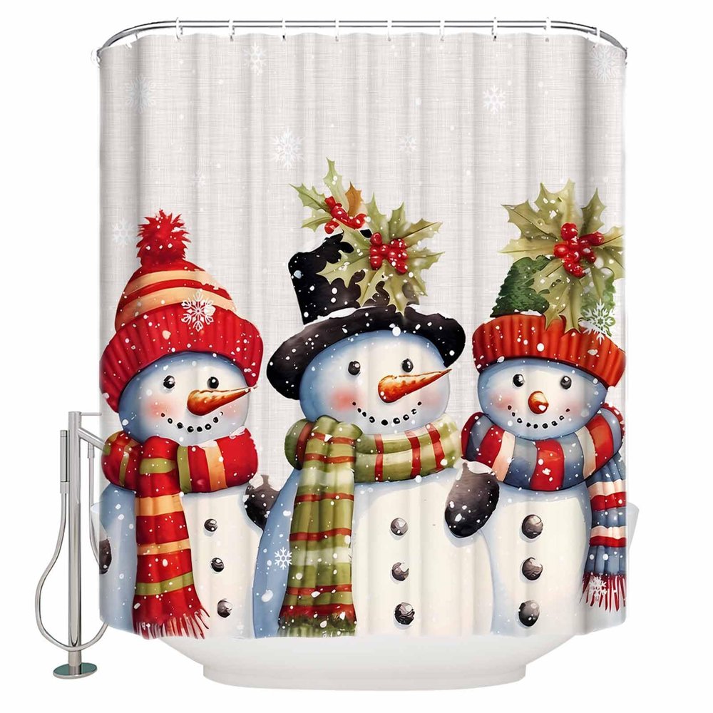 Christmas Shower Curtain, Christmas Hat Snowman Washable Shower Curtain with Hooks Bath Decor Fabric Shower Curtains for Bathroom, Hotel, Stalls, Bathtubs, 66x72 in