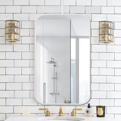 Junvstor Mirror for Wall Decor Metal Framed Vanity Mirror for Bathroom, Ceiling Hanging Makeup Mirror with Wall Mount Floating Decorative Boom Mirror, White Rectangle Design (Size : 40cmx60cm)