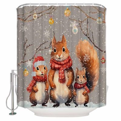 Christmas Shower Curtain, Retro Grey Christmas Squirrel Branch Ball Snowflake Washable Shower Curtain with Hooks Bath Decor Fabric Shower Curtains for Bathroom, Hotel, Stalls, Bathtubs, 36x72 in