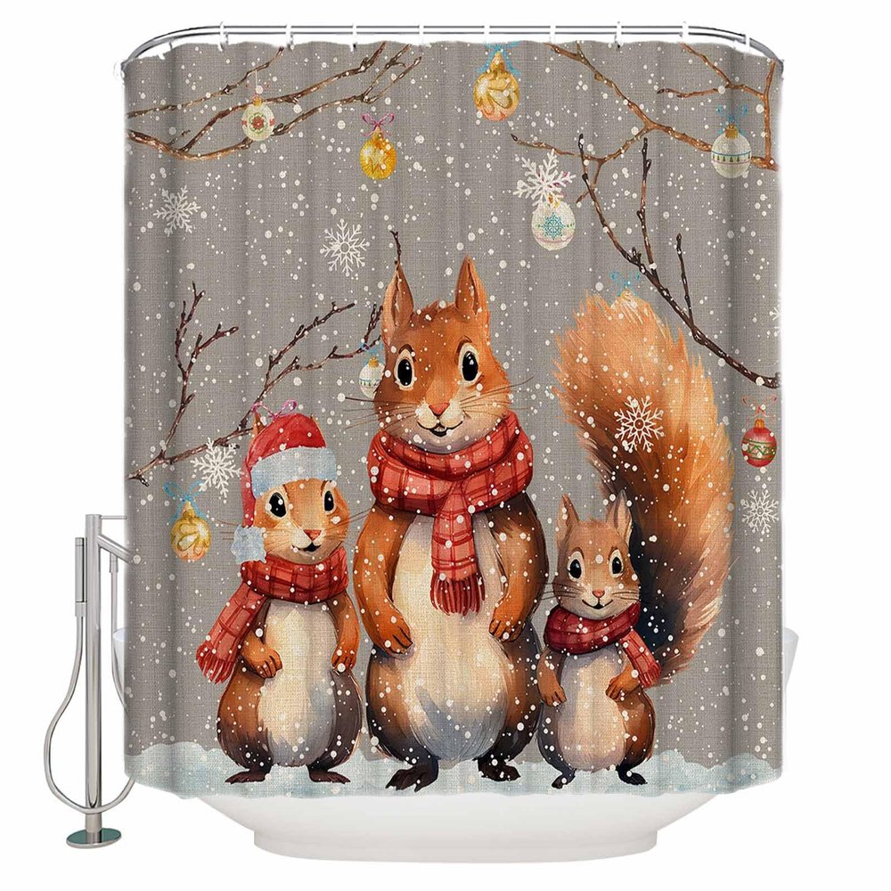 Christmas Shower Curtain, Retro Grey Christmas Squirrel Branch Ball Snowflake Washable Shower Curtain with Hooks Bath Decor Fabric Shower Curtains for Bathroom, Hotel, Stalls, Bathtubs, 36x72 in