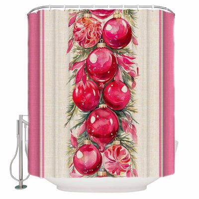 Christmas Shower Curtain, Christmas Poinsettia Watercolor Light Balls Pink Striped Washable Shower Curtain with Hooks Bath Decor Fabric Shower Curtains for Bathroom, Hotel, Stalls, Bathtubs, 72x78 in