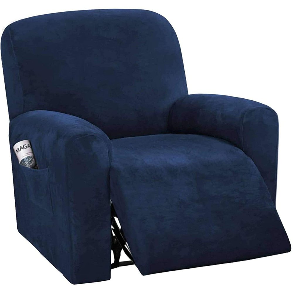 4-Pieces Velvet Stretch Recliner Cover, Sofa Cover, Arm Slipcover, Furniture Pector for 1 Cushion Sofa Slipcovers Thick Soft Washable Furniture Covers with Elastic Bottom (Navy)