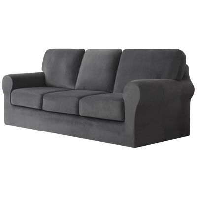 7-Piece Stretch Velvet Sofa Cover, 3 Seater Couch Slipcover with Separate Rests and Cushions Covers with Elastic Band Anti-Slip Furniture Pector (Dark Grey,Sofa | 7-Piece)
