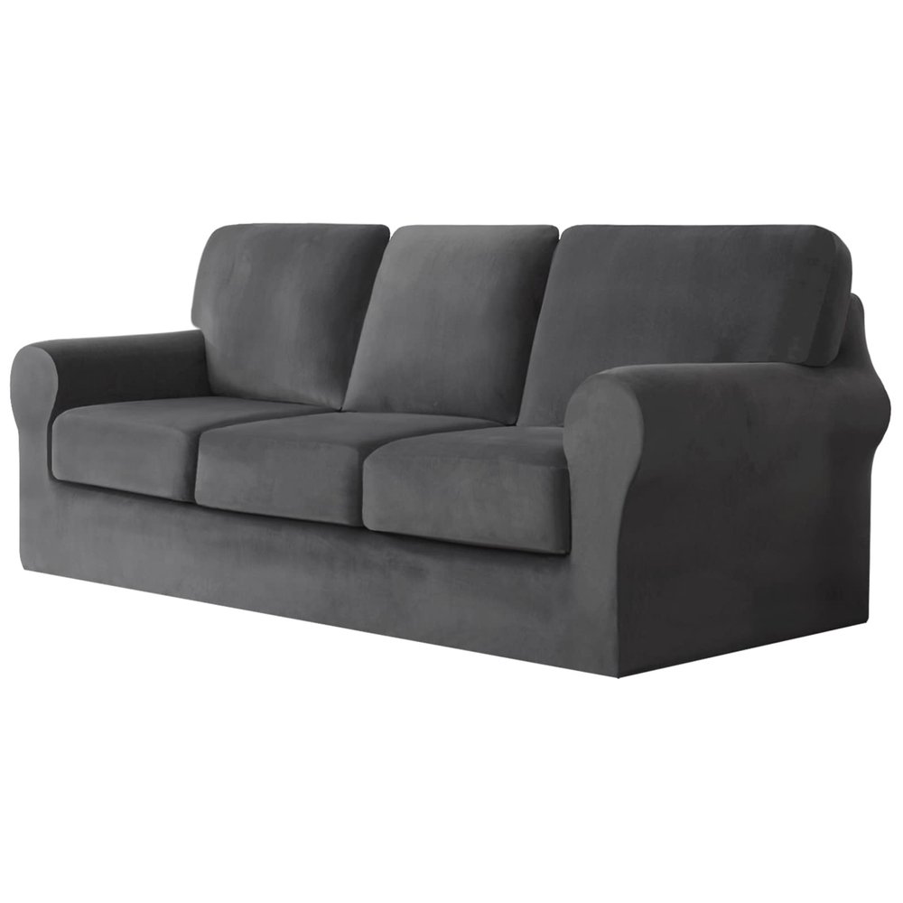7-Piece Stretch Velvet Sofa Cover, 3 Seater Couch Slipcover with Separate Rests and Cushions Covers with Elastic Band Anti-Slip Furniture Pector (Dark Grey,Sofa | 7-Piece)