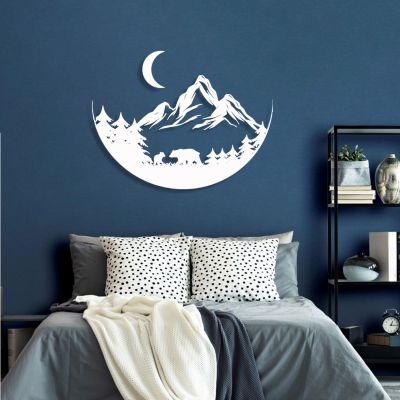 Cadeali Mountain Metal Wall Art, Rustic Forest Wall Decor, Bear Wilderness Artwork, Metal Bear Forest Decorations, Wildlife Lover Gift, Living Room Decor(White, 23.6x18 inch / 60 x 46 cm)