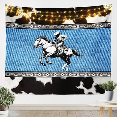 Western Cowhide Wall Hanging Cowboy Rodeo Horse Wild Animal Tapestry Boho Tribal Aztec Stripes Patchwork Lightweigh Microfiber Tapestries for Dorm Bedroom Living Room,Large 59.1x82.7 Inch