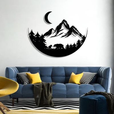Cadeali Mountain Metal Wall Art, Rustic Forest Wall Decor, Bear Wilderness Artwork, Metal Bear Forest Decorations, Wildlife Lover Gift, Living Room Decor(Black, 30x23 inch / 76 x 58.5 cm)