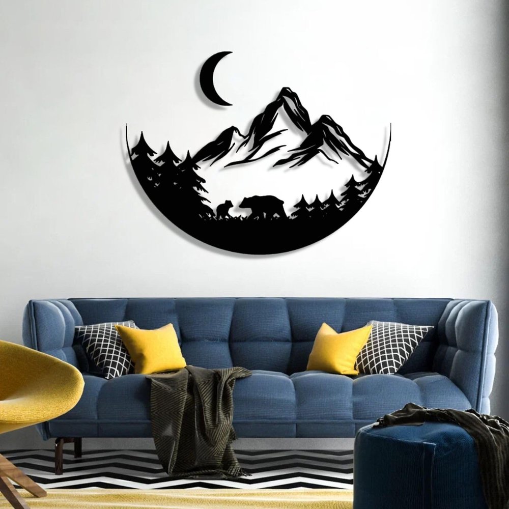 Cadeali Mountain Metal Wall Art, Rustic Forest Wall Decor, Bear Wilderness Artwork, Metal Bear Forest Decorations, Wildlife Lover Gift, Living Room Decor(Black, 30x23 inch / 76 x 58.5 cm)