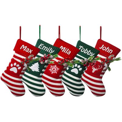 Printualist Personalized Striped Knit Christmas Stockings with Embroidered Name (18 inch) - Custom Striped Knitted Red Green Stocking Fireplace for Family Decorations Holiday 2025 Xmas Gift - 5 Pack