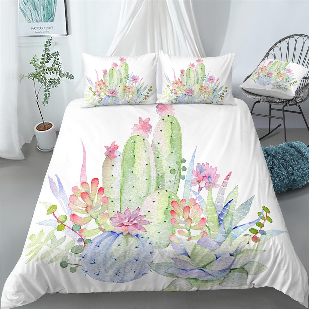 REALIN Cactus Plant Duvet Cover Set Scrub and Cactus Bedding Girl Boy Kids Bed Sets 2/3/4PCS Quilt Covers/Sheets/Pillow Shams,Twin/Full/Queen/King (C,Queen-228x228cm-4PCS)