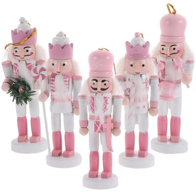LIOOBO 5PCS Christmas Nutcracker Ornaments, Wooden Nutcracker Figures Small Pink Soldier Pendant Christmas Hanging Decoration Set for Xmas Tree, Table Decor Holiday Party Supplies 5Inch