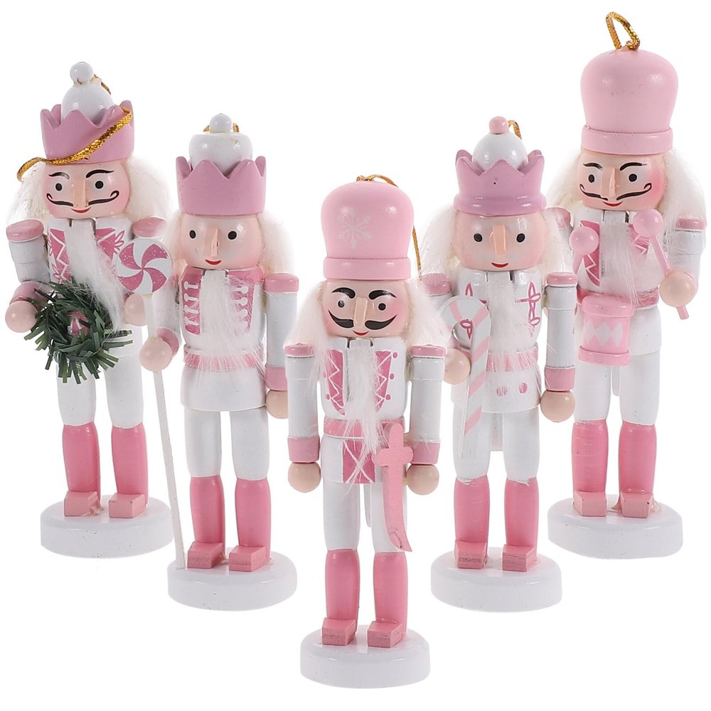 LIOOBO 5PCS Christmas Nutcracker Ornaments, Wooden Nutcracker Figures Small Pink Soldier Pendant Christmas Hanging Decoration Set for Xmas Tree, Table Decor Holiday Party Supplies 5Inch