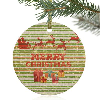 Christmas Ornaments, Christmas Green Stripe Santa Claus Gift Ornaments for Christmas Tree Ceramics Hanging Ornament for Xmas Holiday Party Decorations 3 Inch Round