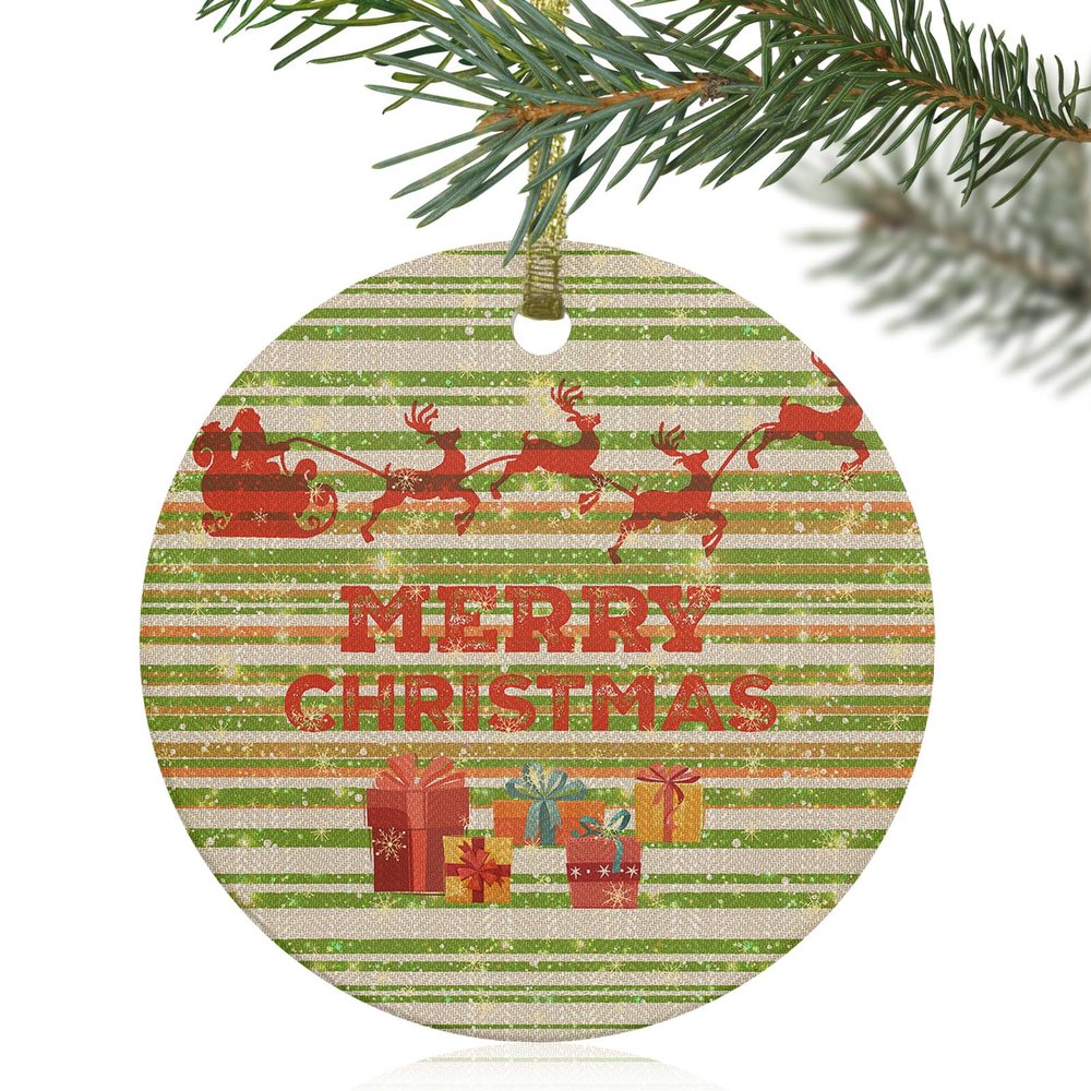 Christmas Ornaments, Christmas Green Stripe Santa Claus Gift Ornaments for Christmas Tree Ceramics Hanging Ornament for Xmas Holiday Party Decorations 3 Inch Round