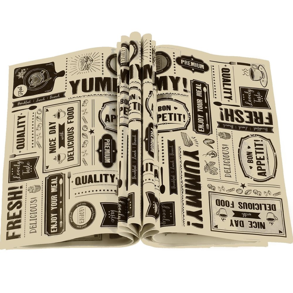 Chinco 300 Pieces Newsprint Wax Paper Sheets Newspaper Theme Food Wrap Paper Grease Resistant Tray Liners Waterproof Wrapping Tissue Food Picnic for Kitchen Baking Hamburger (Kraft Background)