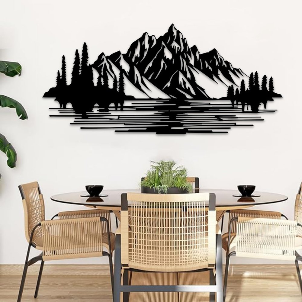 Cadeali Mountain Forest Metal Wall Art, Forest and Mountain Metal Wall Decor, Trees Art, Nature Decorations, Nature Sign, Living Room, Bedroom Hangings (Black, 47"x22"|121x56cm)