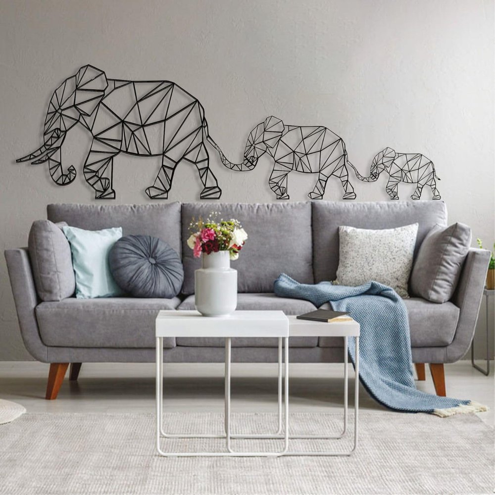 Cadeali Elephant Metal Wall Art, Elephant Metal Art Wall Decor, Metal Geometric Decor, Elephant Family, Large Metal Wall Art, Metal Wall Art for Living Room Bedroom (Black, 30" W x 10" H / 75x24cm)
