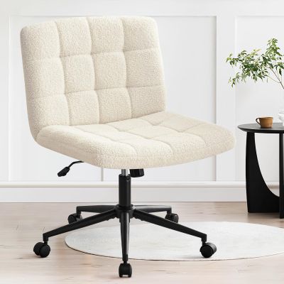 Criss Cross with Wheels, Upholstered Armless Legged Office Chair Height Adjustable, Comfy Desk Chair with Wide Thicken Seat, Computer Chairs for Living Room, Study Room, Home Office, IvoryWhite