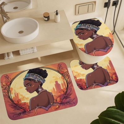 ZGDPBYF 3 Piece Bathroom Rugs Set, Lady Princess with Crown Afro American Girl Non-Slip Soft Bath Mat Set, Black Girl Bathroom Mat, Living Room Bedroom Mat, Machine Washable, Dries Quickly,