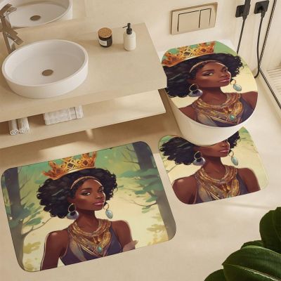 ZGDPBYF Bathroom Rugs Set Ultra Soft 3 Pieces Bath Rugs Non Slip, Black Girl Bathroom Mat, Bathroom Set with Toilet Rugs, African American Afro Black Woman Perfect Plush Bathroom Mats for Bathroom