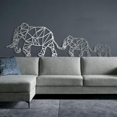 Cadeali Elephant Metal Wall Art, Elephant Metal Art Wall Decor, Metal Geometric Decor, Elephant Family, Large Metal Wall Art, Metal Wall Art for Living Room Bedroom (Silver, 46" W x 15" H / 118x37cm)