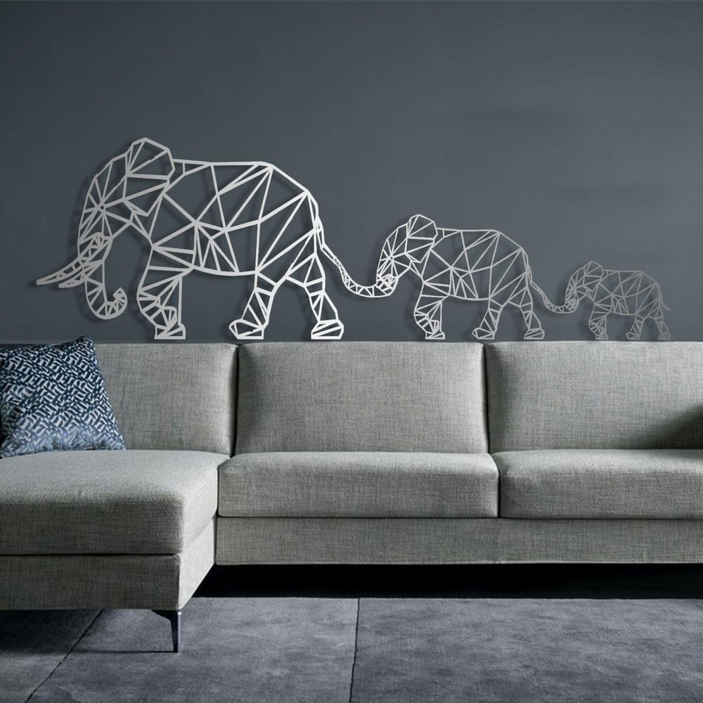 Cadeali Elephant Metal Wall Art, Elephant Metal Art Wall Decor, Metal Geometric Decor, Elephant Family, Large Metal Wall Art, Metal Wall Art for Living Room Bedroom (Silver, 46" W x 15" H / 118x37cm)