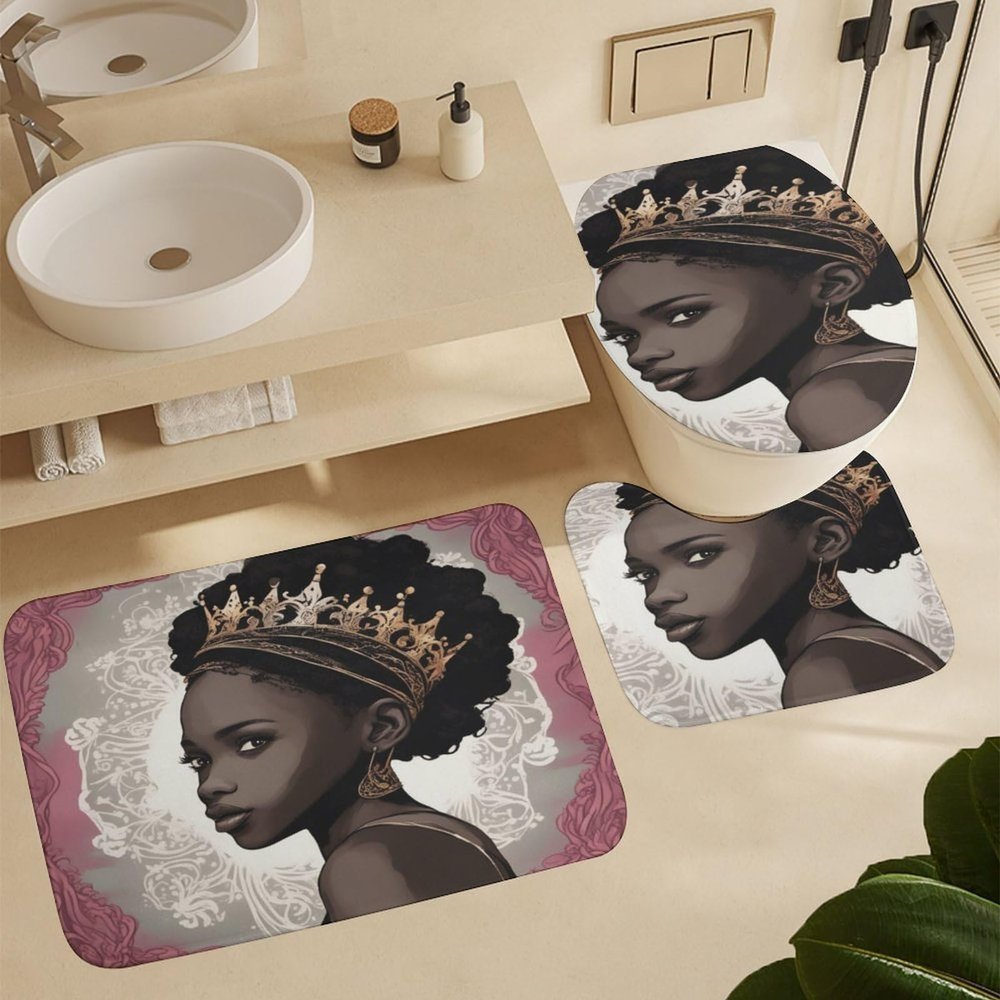 ZGDPBYF Elegant Black Girl with Crown in A Beautiful, 3 Piece Bath Mats Black Girl Waterproof Non Slip Bath Mat Set, Washable Rug for Bathroom,-3-Piece Set