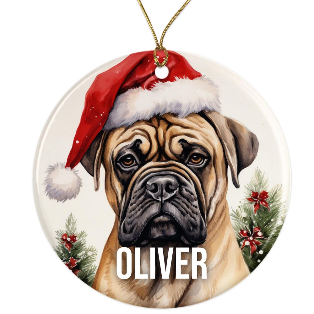 Bullmastif Personalized Dog Ornament - Pet Ornament for Christmas Tree - 3" Round Ceramic - Printed in USA - Choose from 200 Breeds - Dog Mom - Dog Dad - Xmas Decoration DOG050