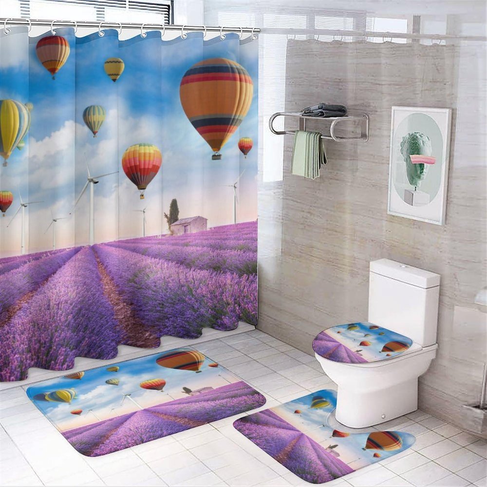 FBMLBRB Rustic Nature Landscape 4 Pieces Shower Curtain Set, Fantasy Farm Lavender Farmhouse Windmill Cool Hot Air Balloons Non-Slip Rugs Toilet Lid Cover Bath Mat and Bathroom Curtain