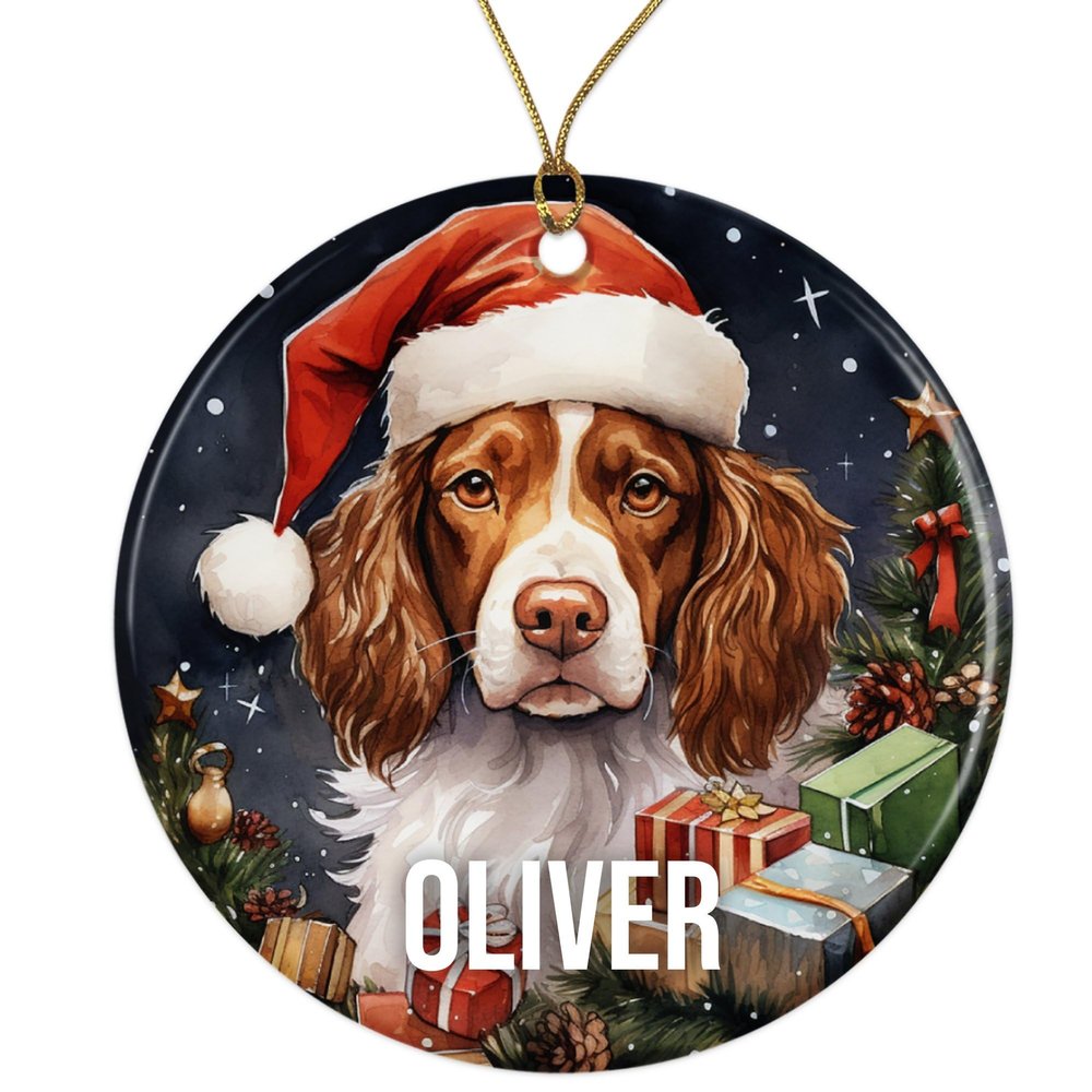Brittany Spaniel Personalized Dog Ornament - Pet Ornament for Christmas Tree - 3" Round Ceramic - Printed in USA - Choose from 200 Breeds - Dog Mom - Dog Dad - Xmas Decoration DOG042