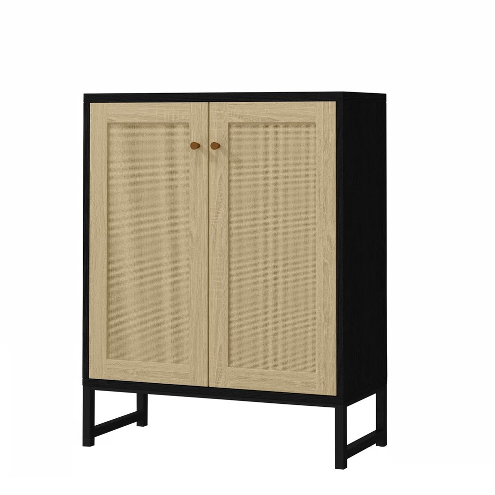 Panana Rattan Decorated 2 Doors Storage Cabinet Accent Cabinet Living Room Cupboard Kitchen Sideboard Buffet Table (Black)