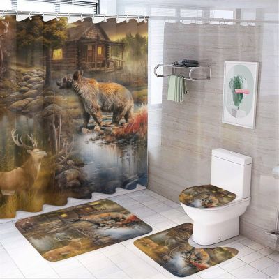 FBMLBRB Vintage Old Wood Board Cabin 4 Pcs Waterproof Shower Curtain Set,Rustic Hunting Theme Forest Wildlife Elk Bear with Waterproof Toilet Cover Shower Mat Rugs