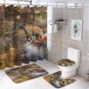 FBMLBRB Vintage Old Wood Board Cabin 4 Pcs Waterproof Shower Curtain Set,Rustic Hunting Theme Forest Wildlife Elk Bear with Waterproof Toilet Cover Shower Mat Rugs view 1