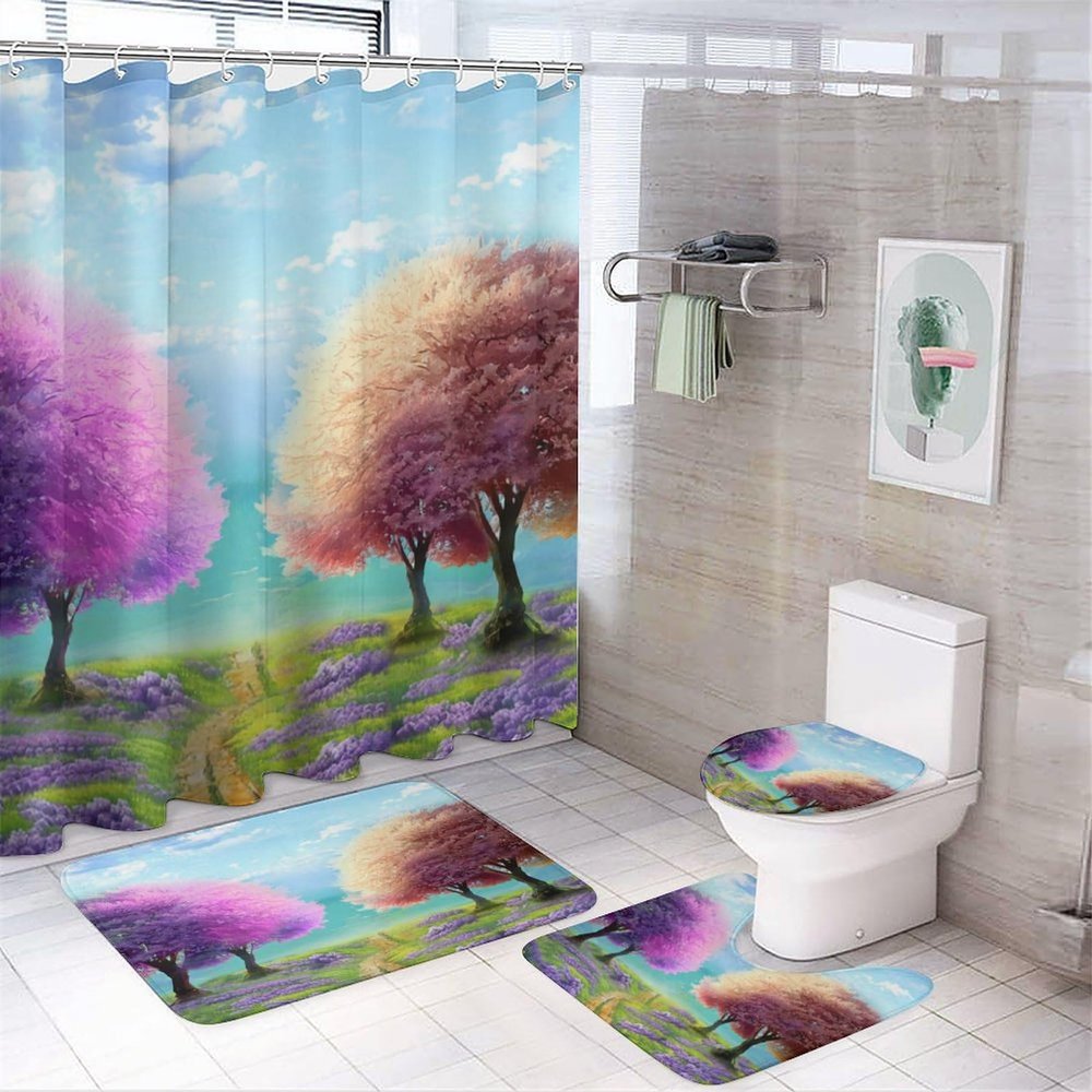 Rustic Farm Plant Lavender 4 Pcs Waterproof Shower Curtain Set,Watercolor Nature Landscape Spring Floral Trees Sky Clouds with Waterproof Toilet Cover Shower Mat Rugs