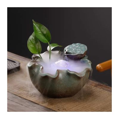 ESTELAR Indoor Small Water Fountain Ceramic Lotus Leaf Desktop Fountain Indoor Waterfall Fountain with Water Mist Suitable for Home Living Room Office Decoration Tabletop Fountains Feng Shui Decor