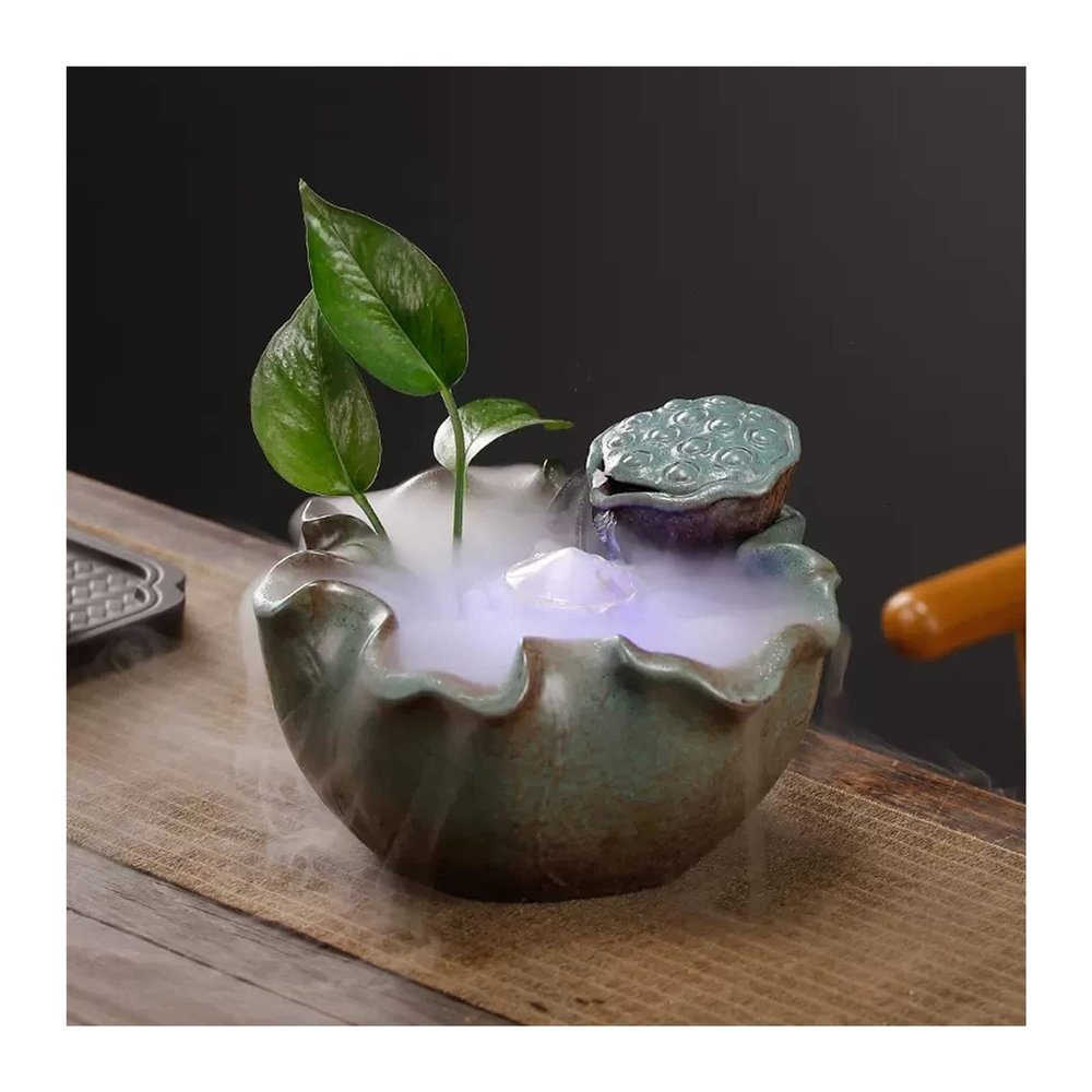 ESTELAR Indoor Small Water Fountain Ceramic Lotus Leaf Desktop Fountain Indoor Waterfall Fountain with Water Mist Suitable for Home Living Room Office Decoration Tabletop Fountains Feng Shui Decor