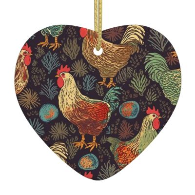 Chicken Print Christmas Ornaments Ceramic Ornament Heart Ornament for Christmas Tree Heart Ceramic Hanging for Xmas Tree Christmas Hanging Decorations for Outdoor Indoor
