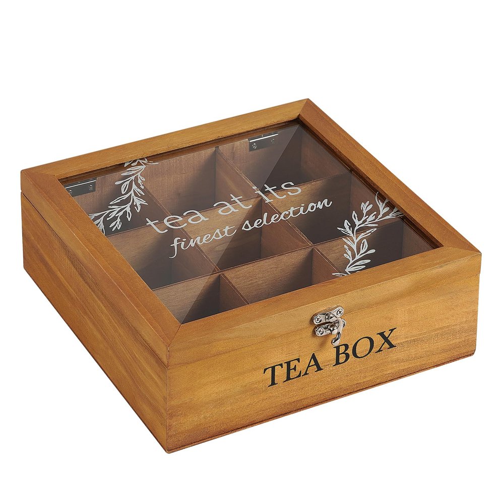 handrong Wooden Tea Box Organizer,Teas Holder Organizer,Tea Bag Storage with 9 Compartments Clear Lid for Home Gifts & Tea Parties