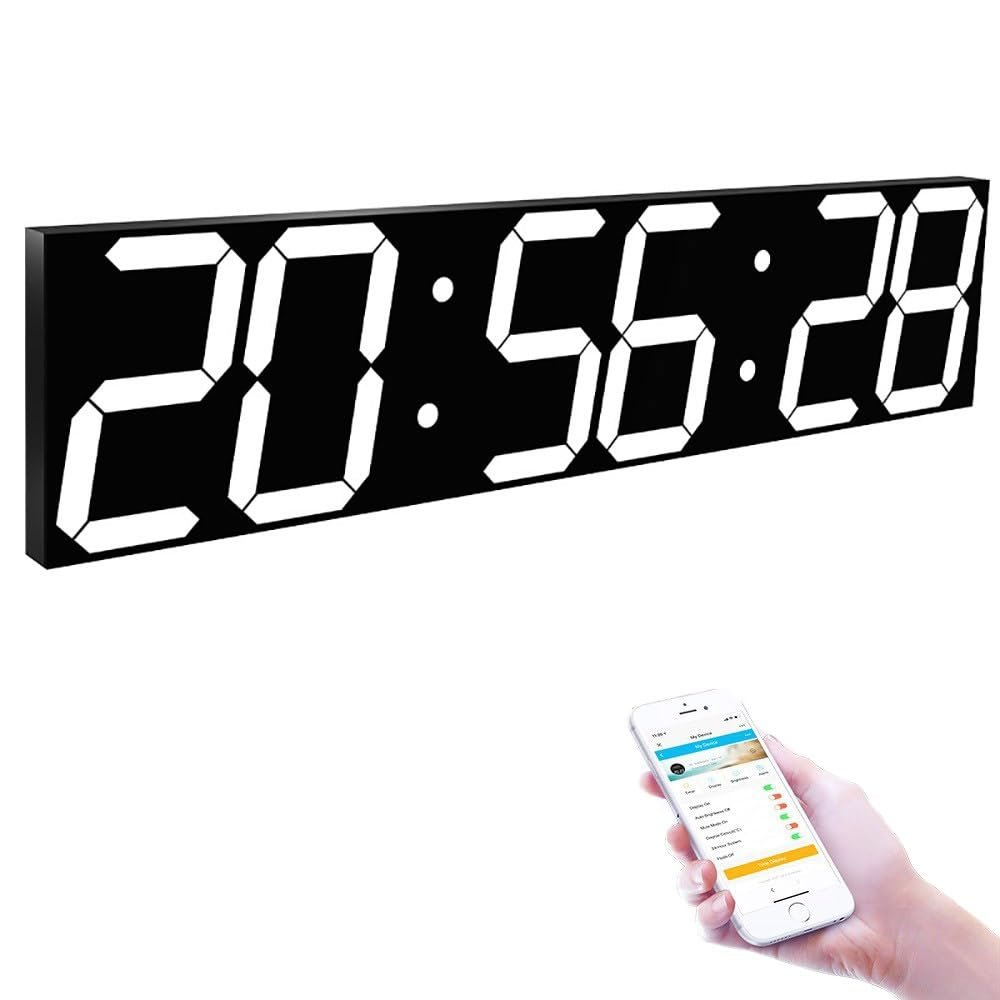 EtUrg Digital LED WiFi Wall Clock, 27 Inch 6-Digits, 8-Level Brightness, Auto Dimmer, Alarm, Count Up/Down, Calendar, Thermometer, for Industrial Warehouse Cafeteria Gym (Color : White)