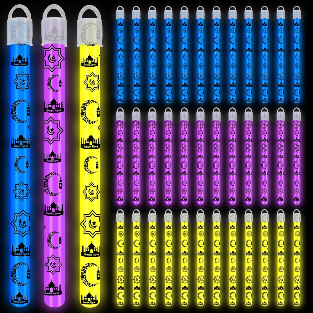 Libima 36 Set 8 Inch Ramadan Kareem Glow Sticks Necklaces with End Caps and Lanyards Bright Star Moon Lantern Glow in the Dark Sticks Hanging Wands for Eid al-fitr Party Favors(Blue, Purple, Yellow)